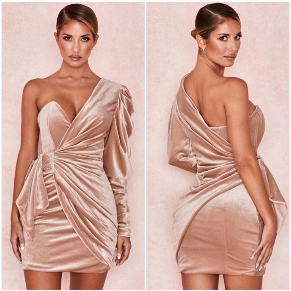 HOUSE OF CB Tamara One Shoulder Velvet Mini Dress - Nude Size L NWT